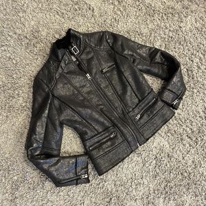 ZARA Women’s Black Leather Moto Jacket Lined Warm Buckle Collar Size L
